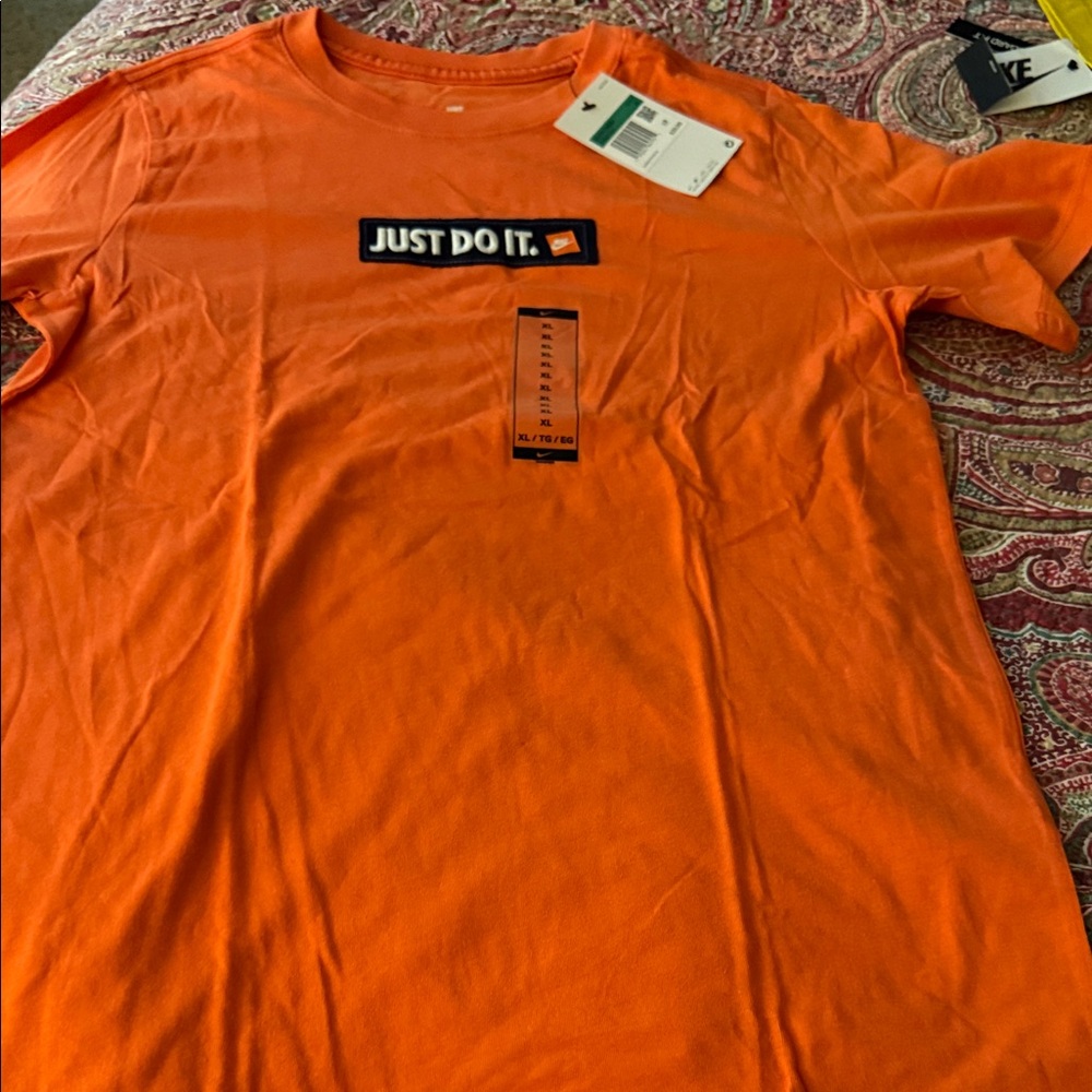 Nike Men's Bright Orange Tee with 'Just Do It' Logo